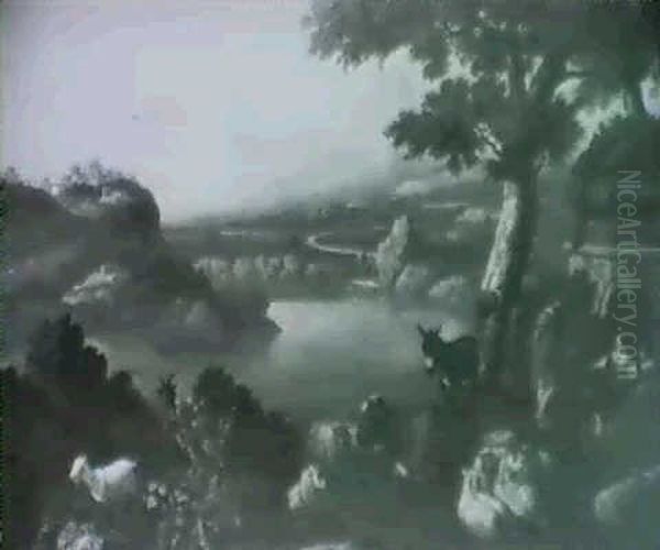 Shepherds With Cattle By An Ancient Tomb Set In An          Italianate Landscape - view 1