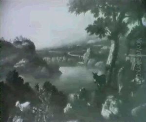 Shepherds With Cattle By An Ancient Tomb Set In An          Italianate Landscape