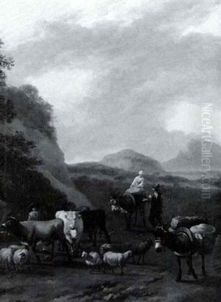 Mountainous Landscape With Herdsmen And Animals - view 1
