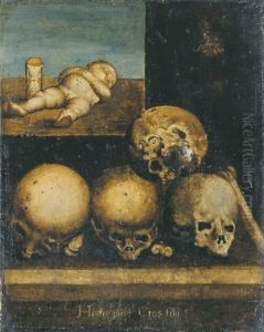 Hodie Mihi Cras Tibi (memento Mori Mit Schlafendem Kind, Sanduhr Und Totenschadeln) by Barthel Beham