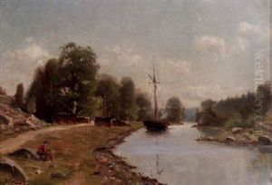 Alandskap Med Segelskuta Och Fiskare by Vilhelm Emanuel Behm