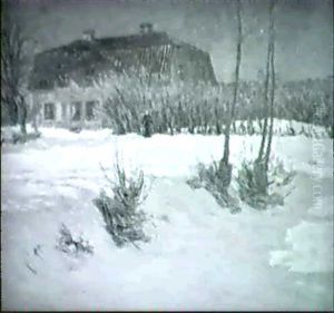 Soligt Vinterlandskap Med Hus Ovh Kvinna by Vilhelm Emanuel Behm