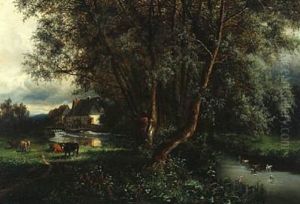 Landscape With Watermill And Grazing Cows by Gustavus Adolphus Behne