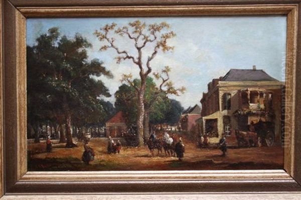 Flanerende Mensen En Paardenkoets Op Boomrijk Stadsplein, Mogelijk Lange Voorhout Den Haag - view 1