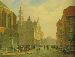 A View Of The Townhall, The Hague, With Numerous Figures In A Street