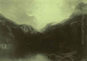 Lake Landscape With Snow Capped Mountains Beyond by August Behrendsen