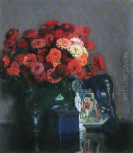 Grosses Stillleben Mit Roten Zinnien