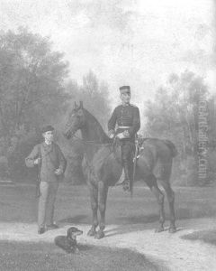 An Officer On Horseback With A Sportsman Standing Nearby In A Park by Ludwig Behringer