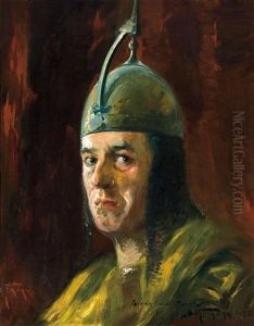 Self Portrait With Iron Helmet by Adolf Behrmann