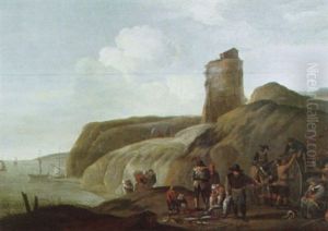 A Beach Scene With Fishermen Loading Their Catch On To A Cart