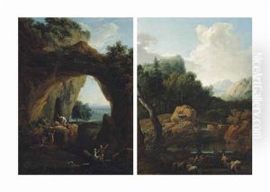 A Wooded River Landscape With Classical Figures Fishing, Mountains Beyond; And A Wooded River Landscape With Drovers And Their Cattle, Mountains Beyond by Joachim-Franz Beich