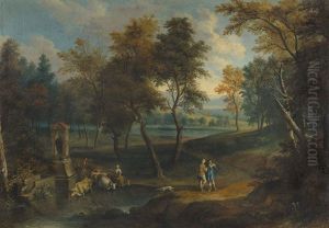 Arkadische Landschaft Mit Hirten Und Vieh Bei Der Tranke An Einem Teich