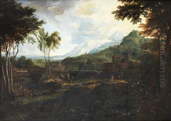 An Extensive Mountainous Landscape With Horsemen On A Wooded Path - view 1