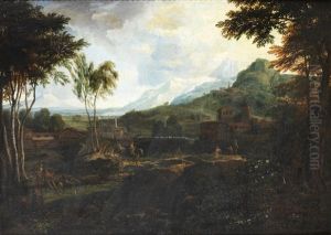 An Extensive Mountainous Landscape With Horsemen On A Wooded Path