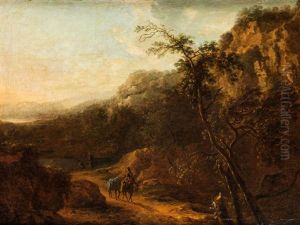Bergige Landschaft Mit Einem Wassertumpel Und Heraufziehendem Weg Mit Eselreiter
