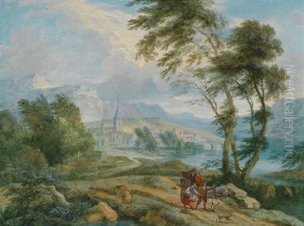 Reisende Mit Pferd Und Wagen In Einer Weiten Flusslandschaft - view 1