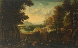 Arkadische Landschaft. Im Vordergrund Lagernde Hirten Mit Vieh An Der Tranke