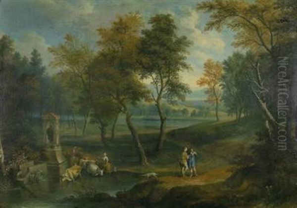 Romantische Landschaft Mit Trinkenden Rindern Am Teich - view 1