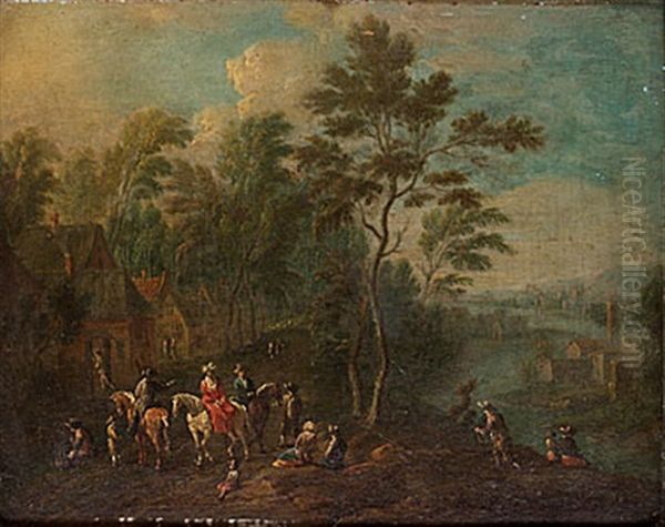 Landskap Med Byggnader, Figurer Och Ridande Sallskap - view 1