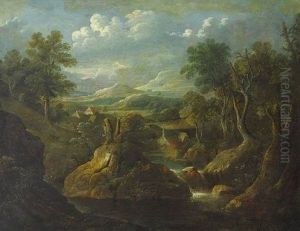 Suddeutsche Waldlandschaft Mit Katarakt, Kirchdorf Und Weitem Blick In Hugeliges Land