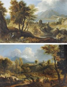 A Mountainous River Landscape With Travellers (+ A Landscape With Travellers Near A Lake; Pair) by Joachim-Franz Beich