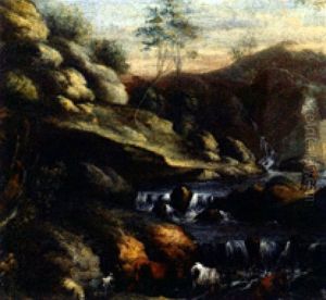 Pastorale Flusslandschaft Mit Tieren An Der Tranke