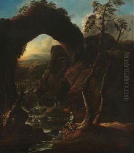 Sudliche Felslandschaft Mit Reisenden. Im Vordergrund Ein Angler Am Bach by Joachim-Franz Beich