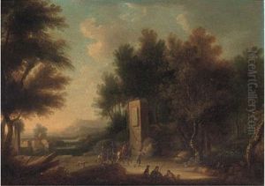 An Italianate Wooded Landscape With Travellers On Horseback On A Track by Joachim-Franz Beich