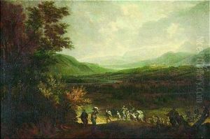 Ausgedehnte Fluslandschaft Mit Ziehendem Volk Ausgedehnte Fluslandschaft Mit Ziehendem Volk