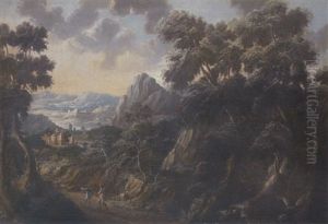 Zwei Wanderer In Felsiger Baumlandschaft Mit Ausblick Auf Eine Burgenlandschaft
