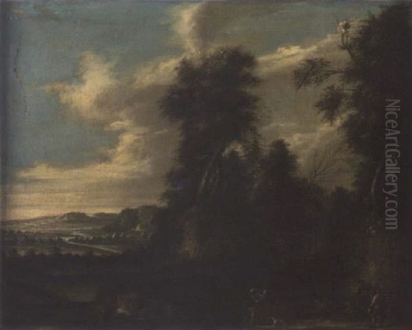 A Wooded Landscape With Travellers On A Track - view 1
