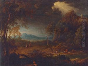 A Mountainous Landscape With Figures By A Path In A Storm, A Hilltop Town Beyond