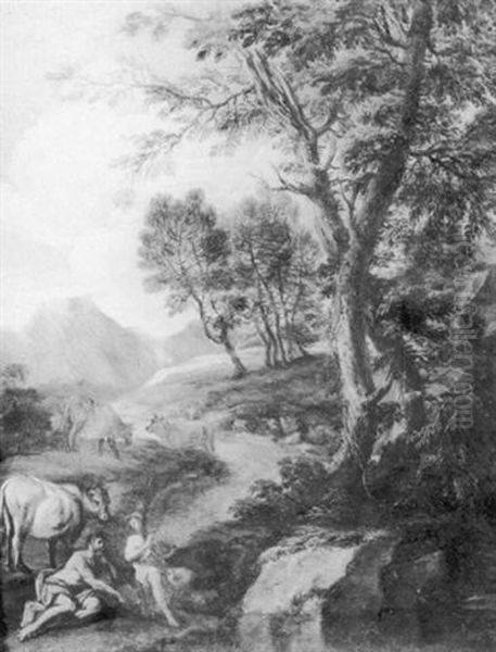 Cowherds And Their Livestock Resting Near A River In A Wooded Landscape With Mountains Beyond - view 1