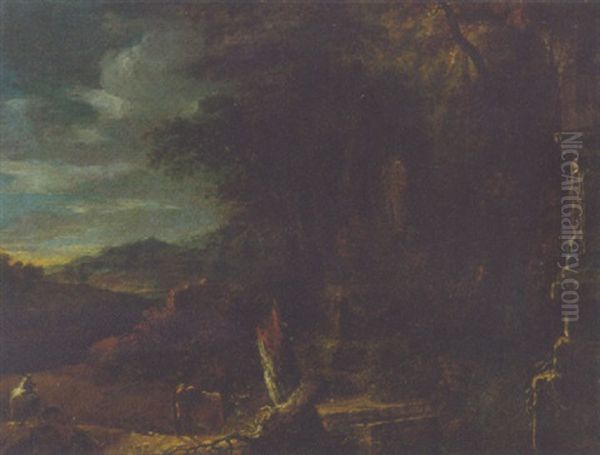 A Wooded Landscape With Herdsmen Resting Before Classical Ruins - view 1