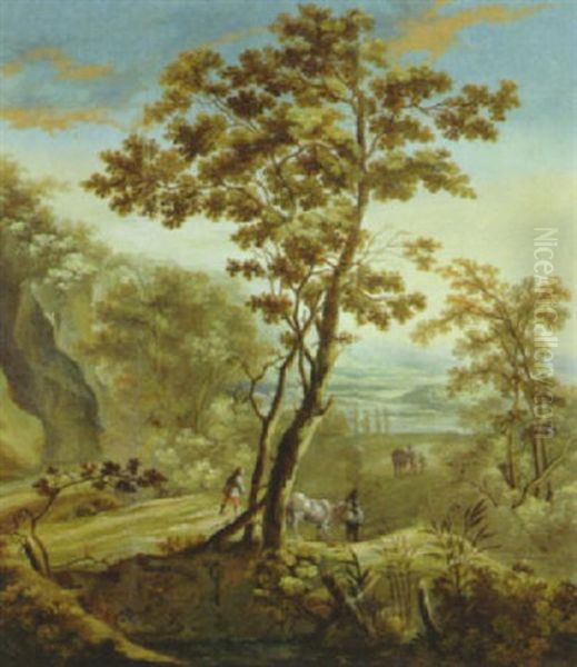 Waldlandschaft Mit Hirte Und Vieh Sowie Bauern Mit Maultieren Auf Dem Weg Zum Fluss In Der Ferne - view 1