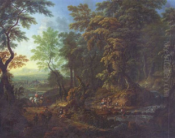 A Wooded Landscape, With Travellers On A Path And Peasants By A Stream, An Extensive Landscape With A Town Beyond - view 1
