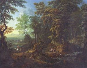 A Wooded Landscape, With Travellers On A Path And Peasants By A Stream, An Extensive Landscape With A Town Beyond by Joachim-Franz Beich