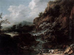 A Mountainous River Landscape With Fishermen And Cattle Beneath Some Falls, A House Beyond by Joachim-Franz Beich