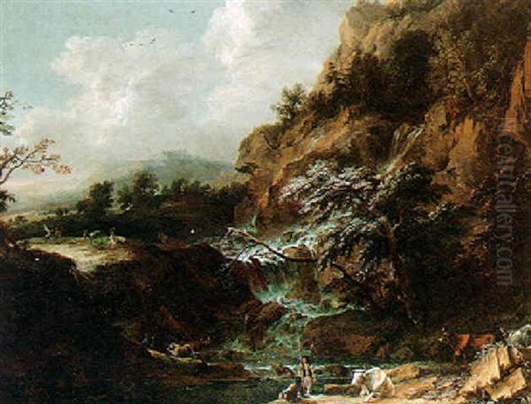 Mountainous River Landscape With Fishermen And Cattle Beneath Some Falls, A House Beyond - view 1