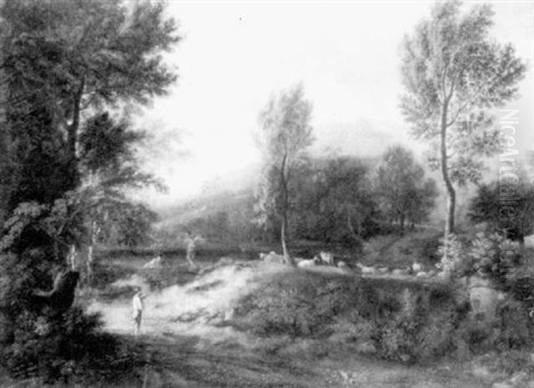 A Wooded Landscape With A Traveller On A Path Conversing With A Goatherd - view 1