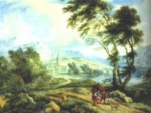 Reisende Mit Pferd Und Wagen In Einer Weiten Fluslandschaft by Joachim-Franz Beich
