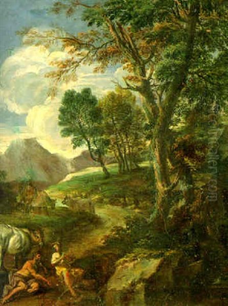 A Pastoral Italianate Landscape With Two Cowherds Resting - view 1