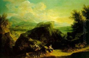An Extensive Mountainous Landscape, With The Rest On The Flight To Egypt In The Foreground