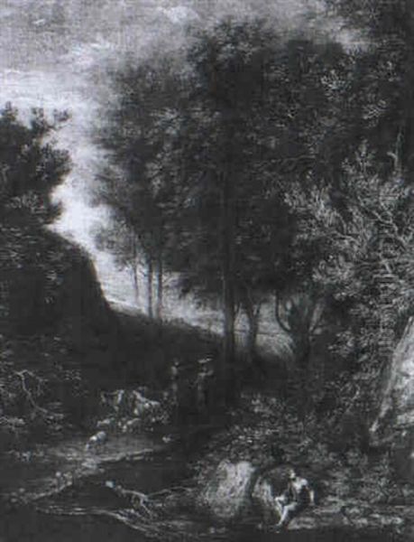 Waldlandschaft Mit Einem Angler Und Hirten Mit Ihrer Herde Am Bach - view 1