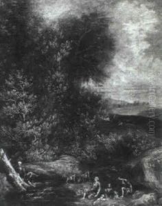 Waldlandschaft Mit Hirten Und Ziegen An Einem Bach