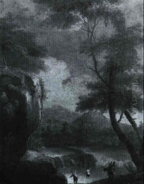 Flusslandschaft Mit Wasserfall Und Figuren - view 1