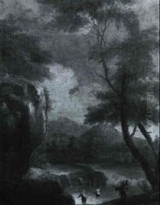 Flusslandschaft Mit Wasserfall Und Figuren