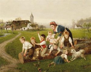 Fruhlingsmorgen. Mutter Und Kinder Beim Spiel Auf Der Dorfwiese by Fritz Beinke