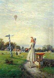 Dorflandschaft Mit Bauer Und Gansen - Am Himmel Ein Heissluftballon