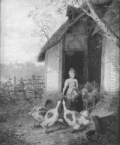 Ein Kleines Madchen Futtert Ganse Und Schafe by Fritz Beinke
